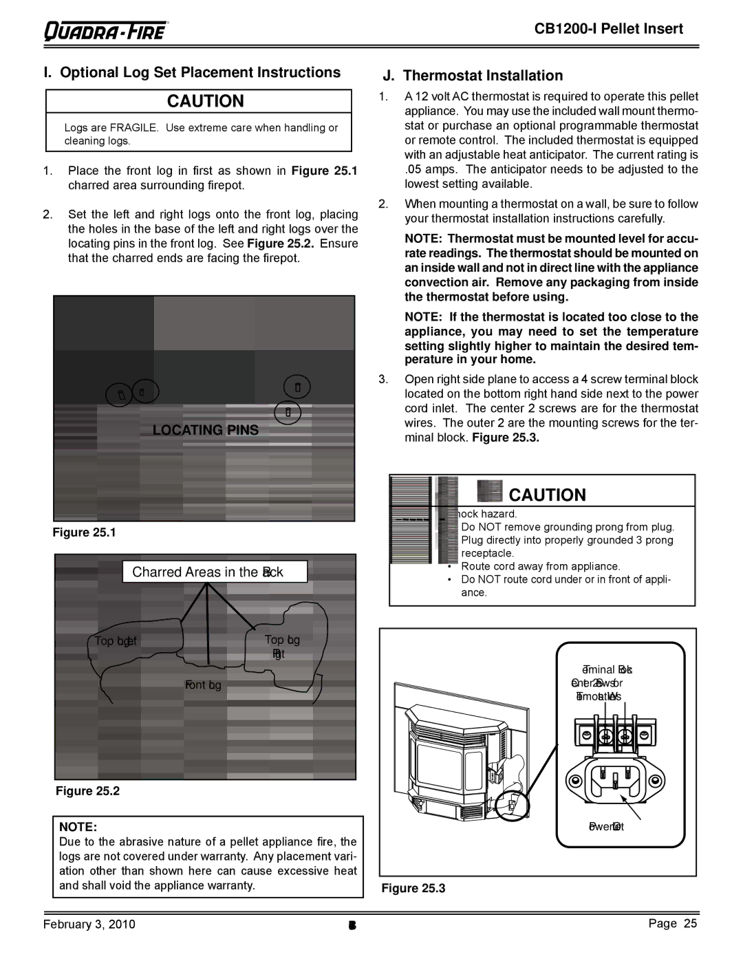 Quadra-Fire CB1200MI-MBK, CB1200I owner manual Thermostat Installation, Top Log, Left, Right, Front Log 