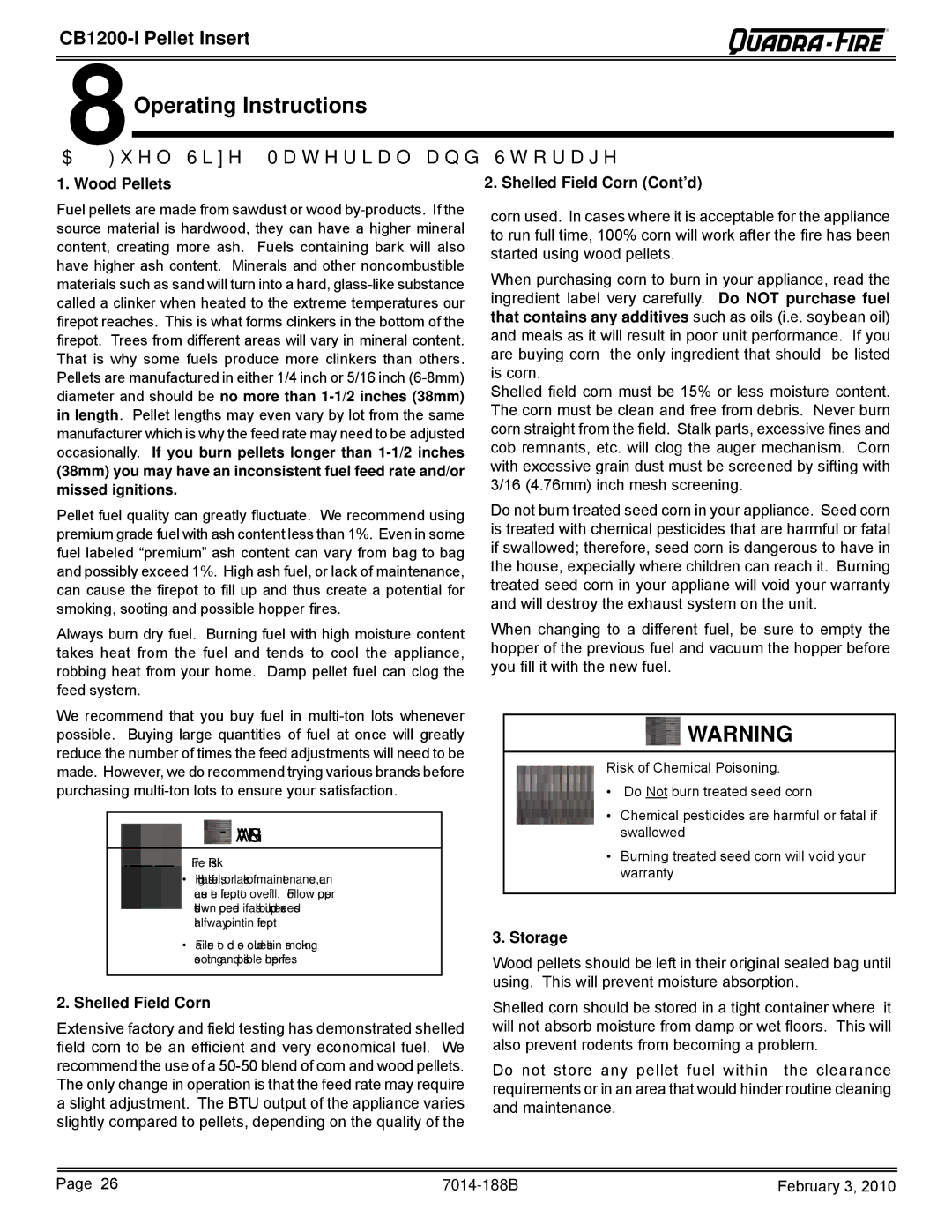 Quadra-Fire CB1200I 8Operating Instructions, Fuel Size, Material and Storage, Wood Pellets Shelled Field Corn Cont’d 
