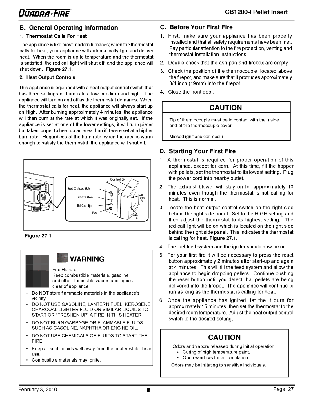 Quadra-Fire CB1200MI-MBK, CB1200I owner manual CB1200-I Pellet Insert General Operating Information, Before Your First Fire 