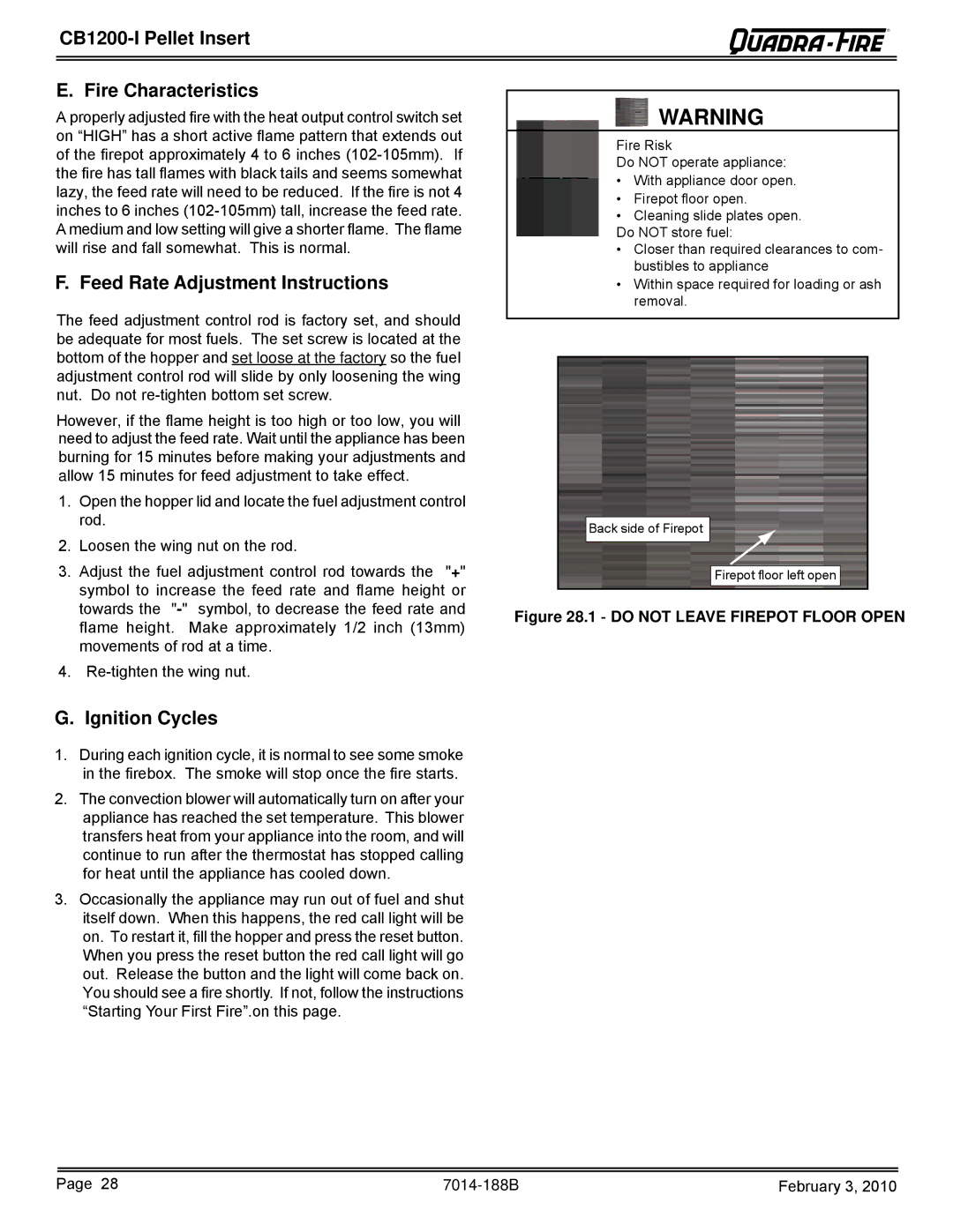 Quadra-Fire CB1200I CB1200-I Pellet Insert Fire Characteristics, Feed Rate Adjustment Instructions, Ignition Cycles 