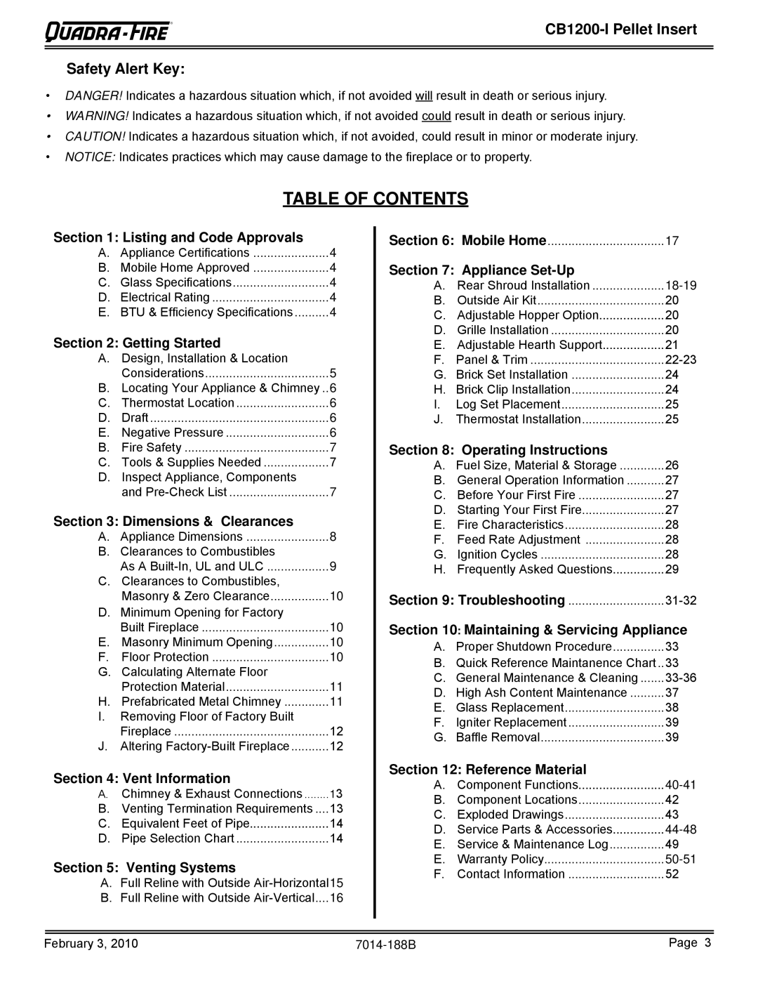 Quadra-Fire CB1200MI-MBK, CB1200I owner manual Table of Contents 