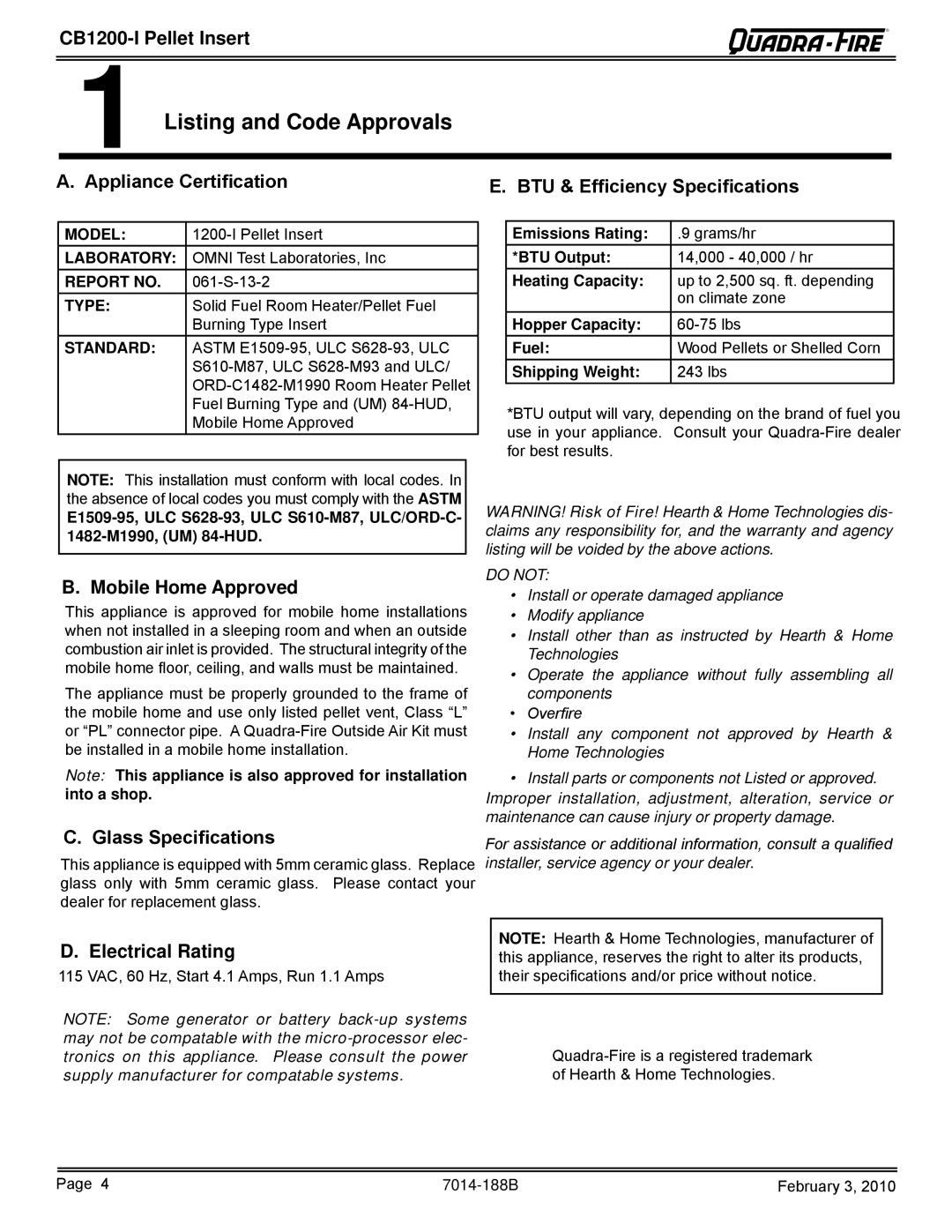 Quadra-Fire CB1200I Listing and Code Approvals, Appliance Certification BTU & Efficiency Specifications, Electrical Rating 