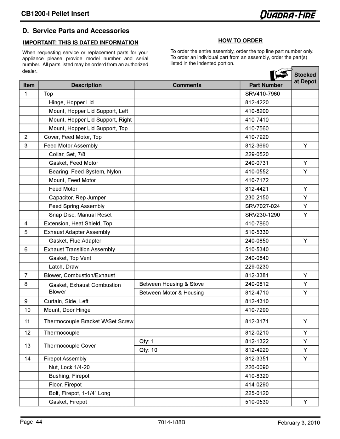 Quadra-Fire CB1200I CB1200-I Pellet Insert Service Parts and Accessories, Important this is Dated Information HOW to Order 