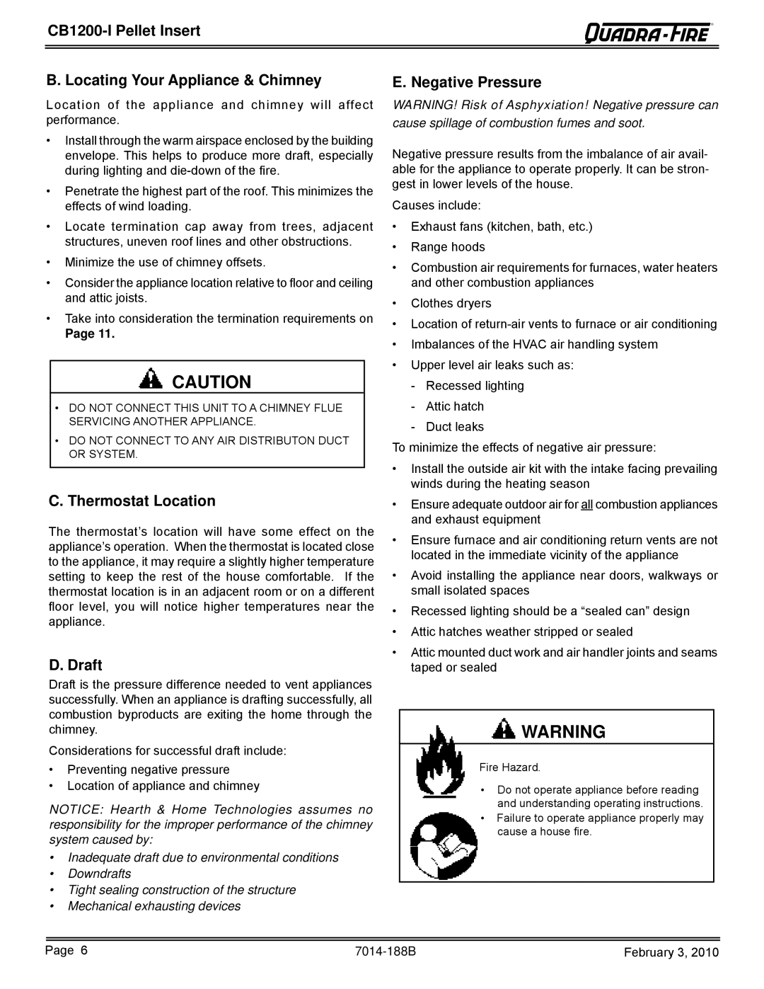 Quadra-Fire CB1200I CB1200-I Pellet Insert Locating Your Appliance & Chimney, Negative Pressure, Thermostat Location 