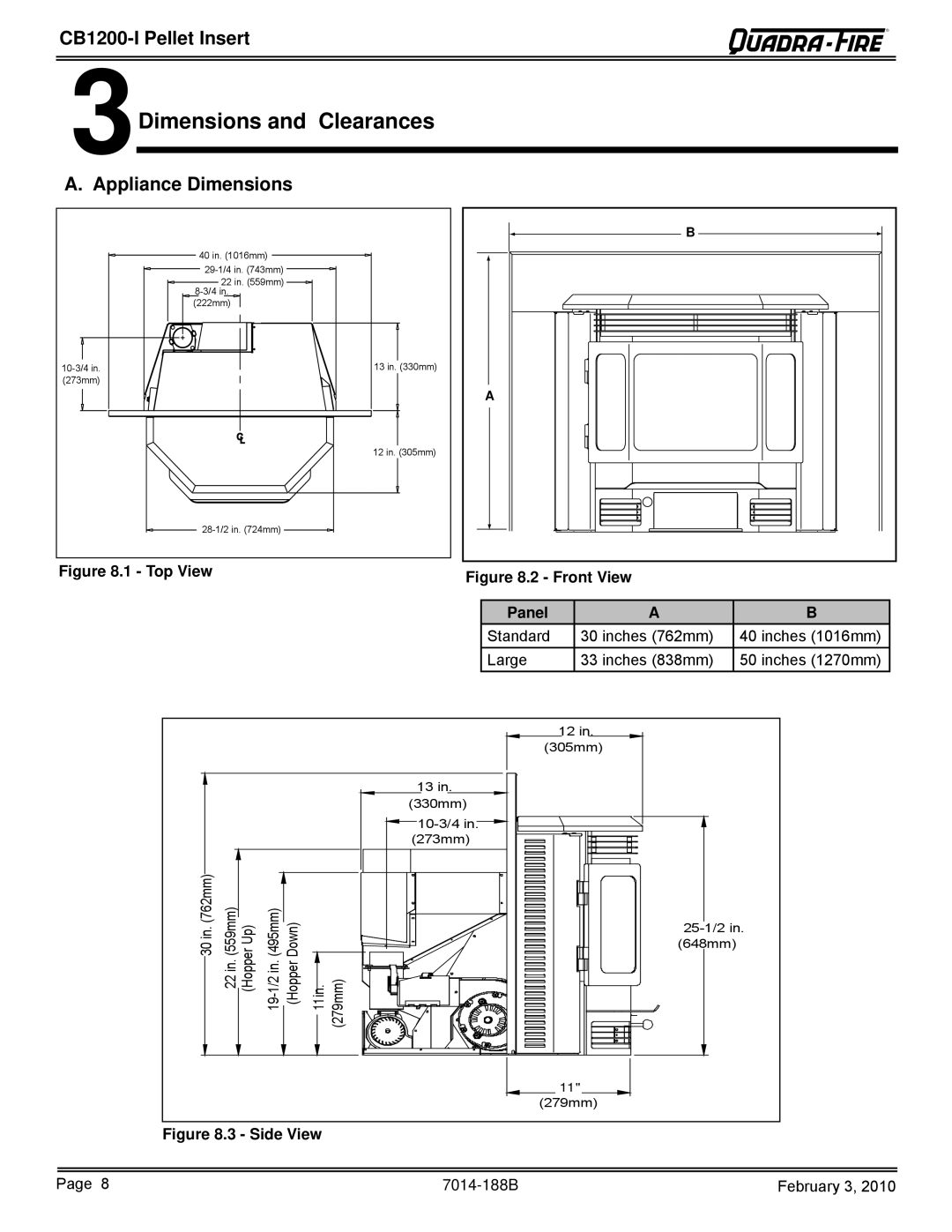 Quadra-Fire CB1200I, CB1200MI-MBK owner manual 3Dimensions and Clearances, Appliance Dimensions 