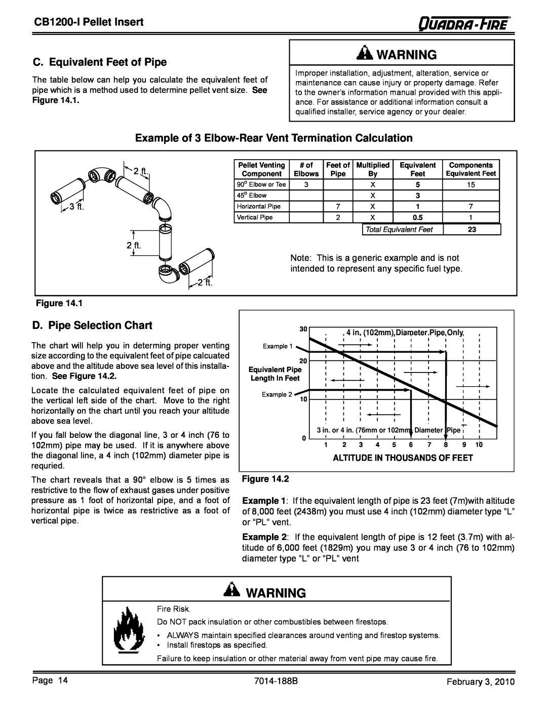 Quadra-Fire CB1200I, CB1200MI-MBK owner manual C. Equivalent Feet of Pipe, D. Pipe Selection Chart, CB1200-IPellet Insert 