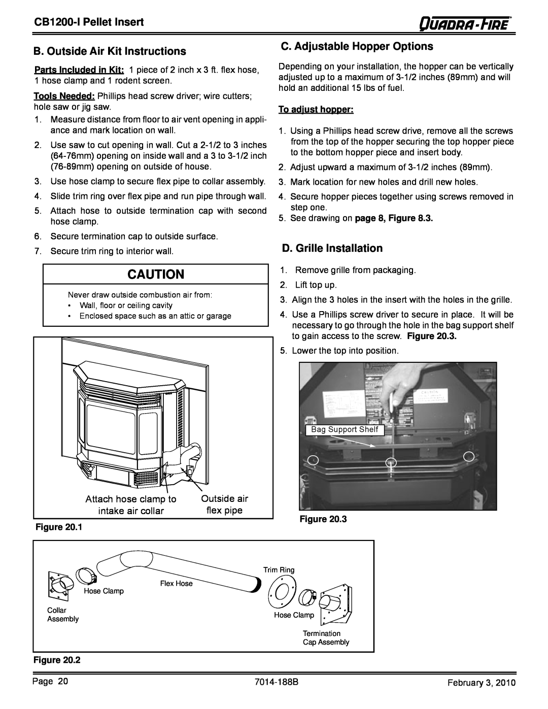 Quadra-Fire CB1200I B. Outside Air Kit Instructions, C. Adjustable Hopper Options, D.Grille Installation, Outside air 