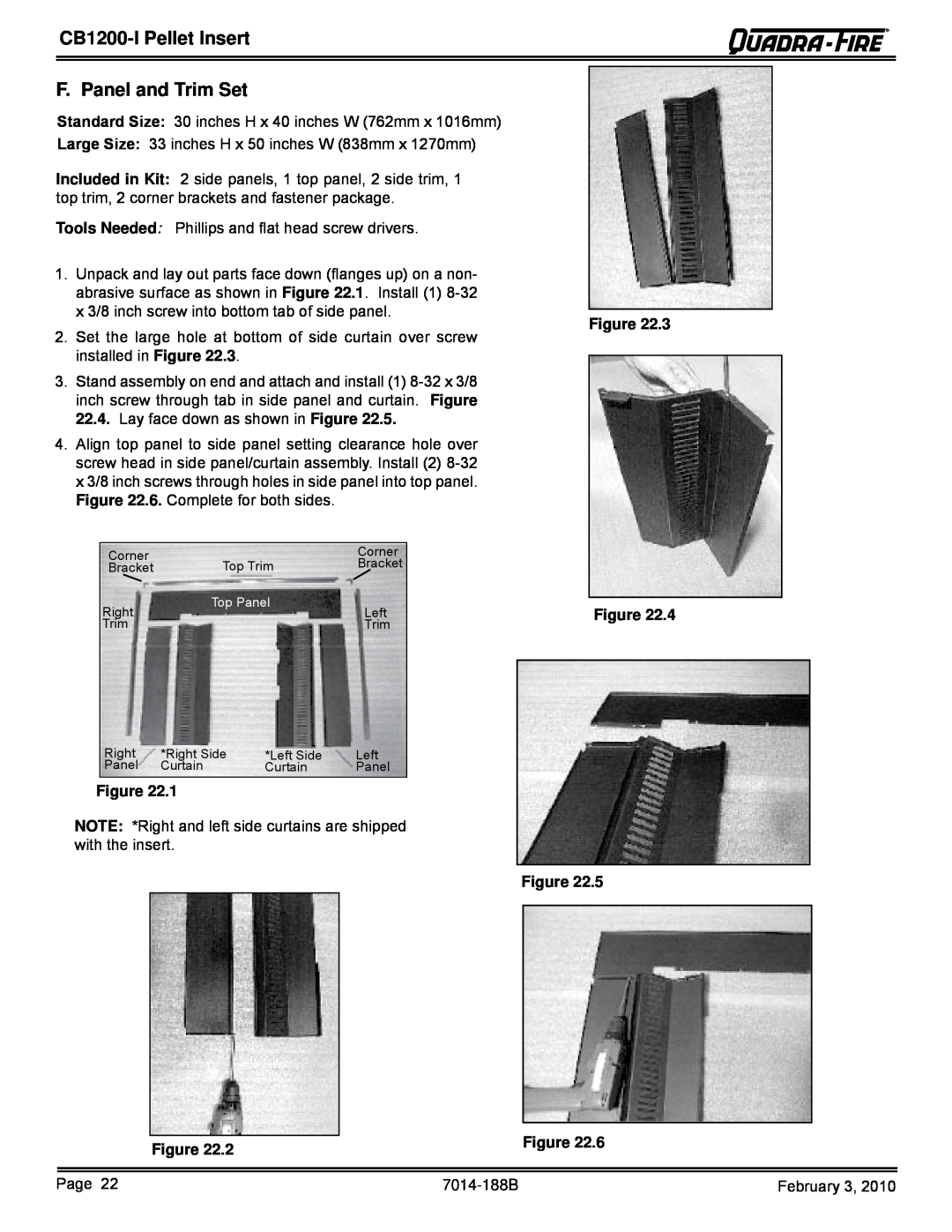 Quadra-Fire CB1200I, CB1200MI-MBK owner manual F. Panel and Trim Set, CB1200-IPellet Insert, Figure Figure 