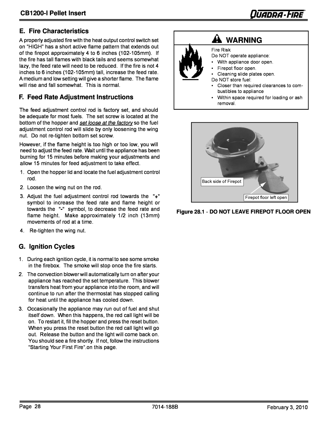 Quadra-Fire CB1200I, CB1200MI-MBK E. Fire Characteristics, F. Feed Rate Adjustment Instructions, G. Ignition Cycles 