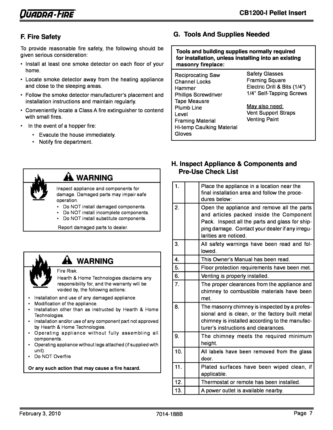 Quadra-Fire CB1200MI-MBK, CB1200I owner manual F. Fire Safety, G. Tools And Supplies Needed, CB1200-IPellet Insert 