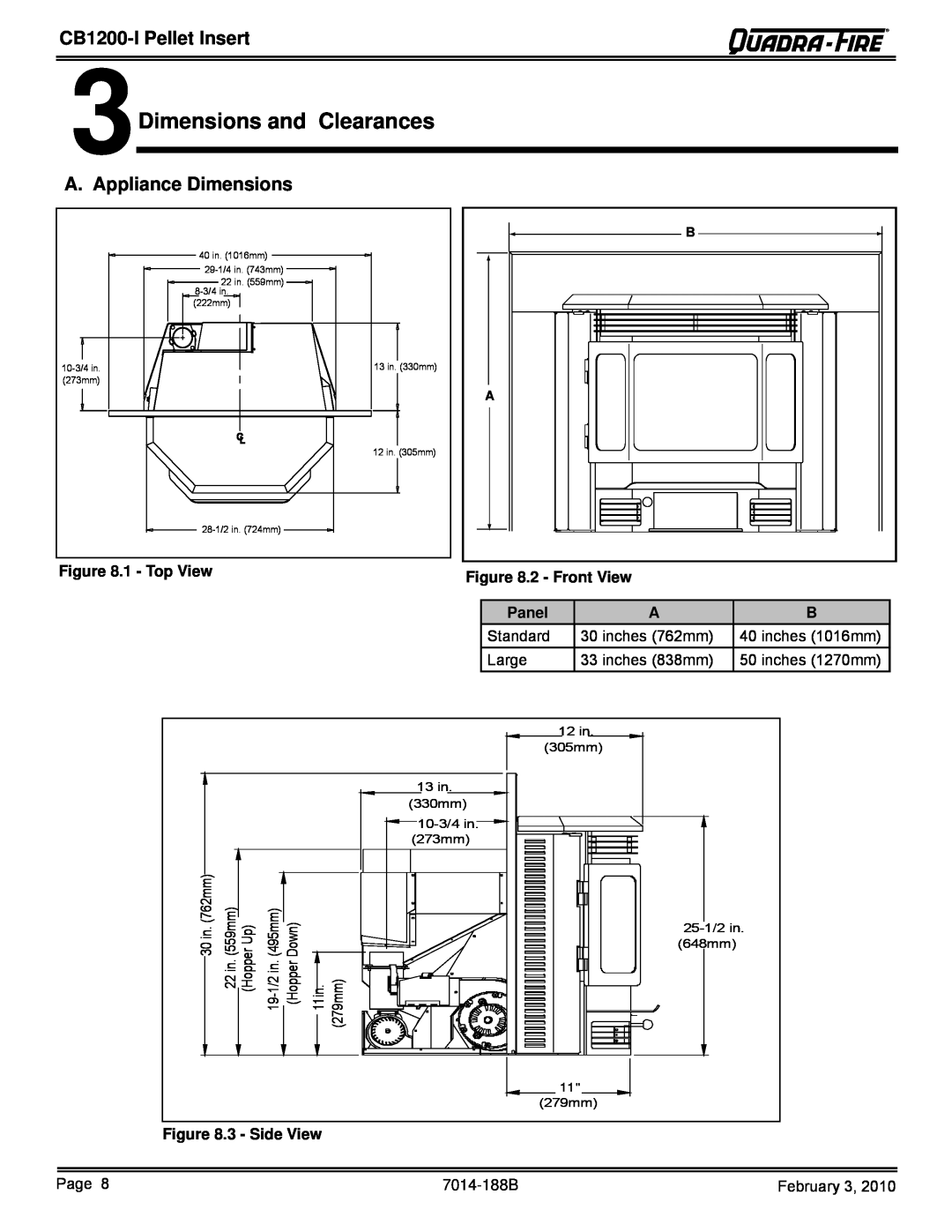Quadra-Fire CB1200I 3Dimensions and Clearances, A. Appliance Dimensions, CB1200-IPellet Insert, 1 - Top View, Panel 