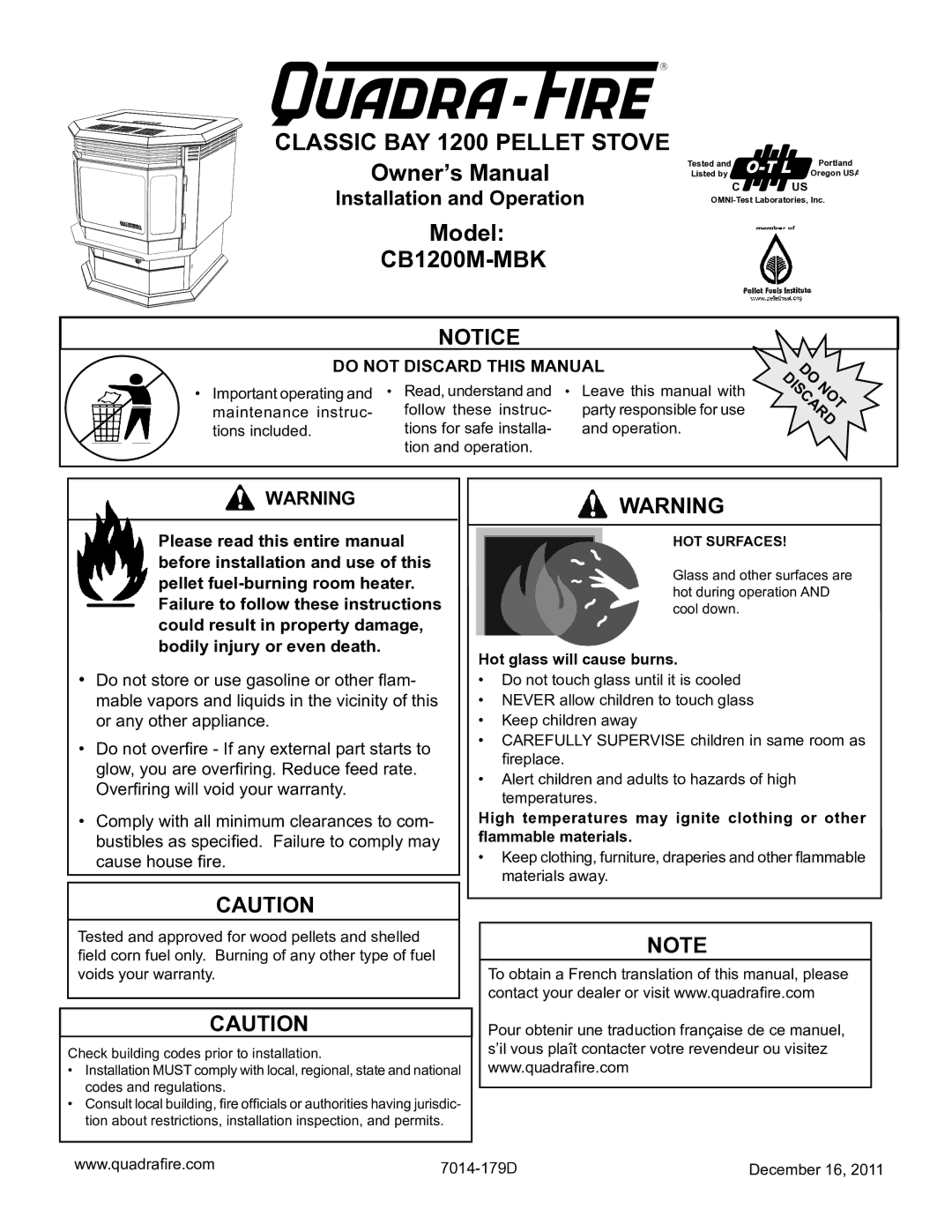 Quadra-Fire CB1200M-MBK owner manual Hot glass will cause burns 