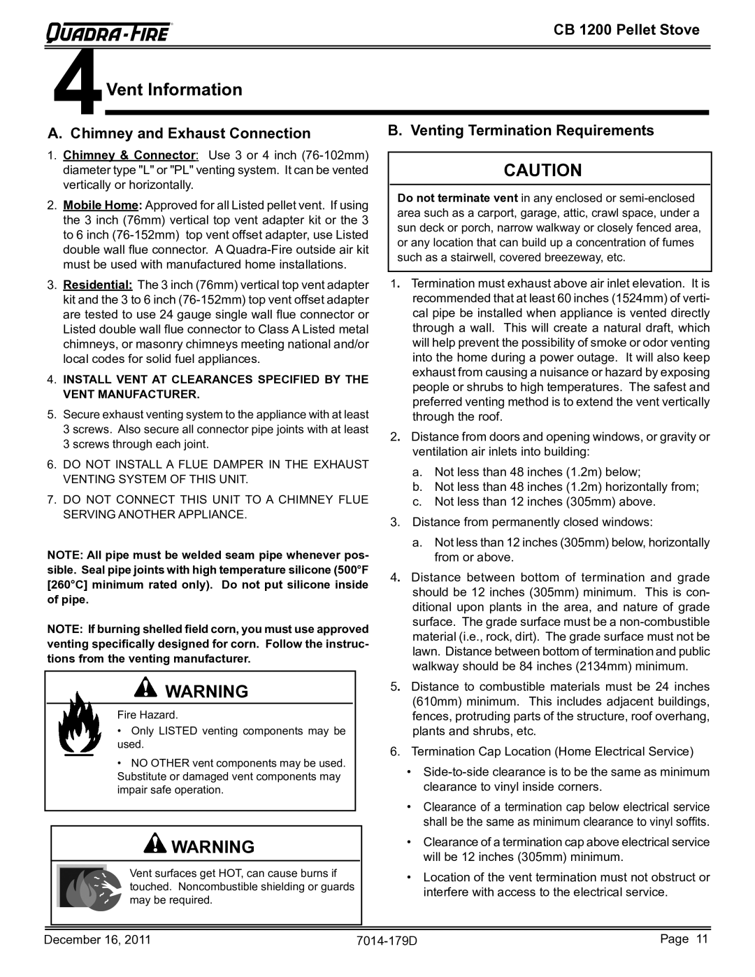 Quadra-Fire CB1200M-MBK owner manual 4Vent InformationR, Chimney and Exhaust Connection, Venting Termination Requirements 