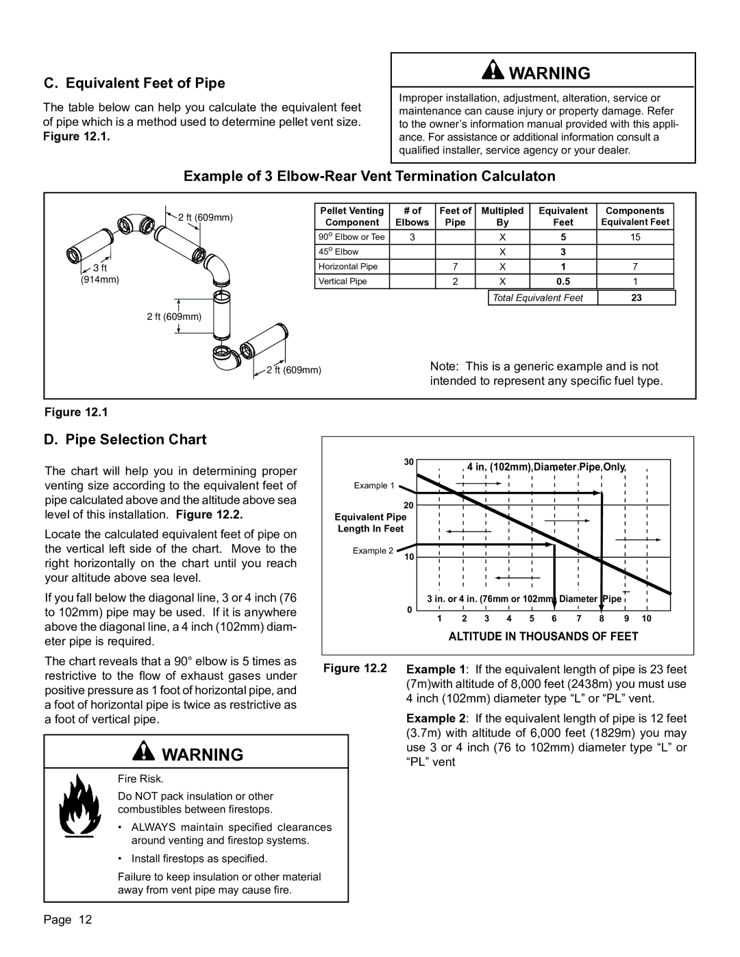 Quadra-Fire CB1200M-MBK CB 1200 Pellet Stove Equivalent Feet of Pipe, Example of 3 Elbow-Rear Vent Termination Calculaton 