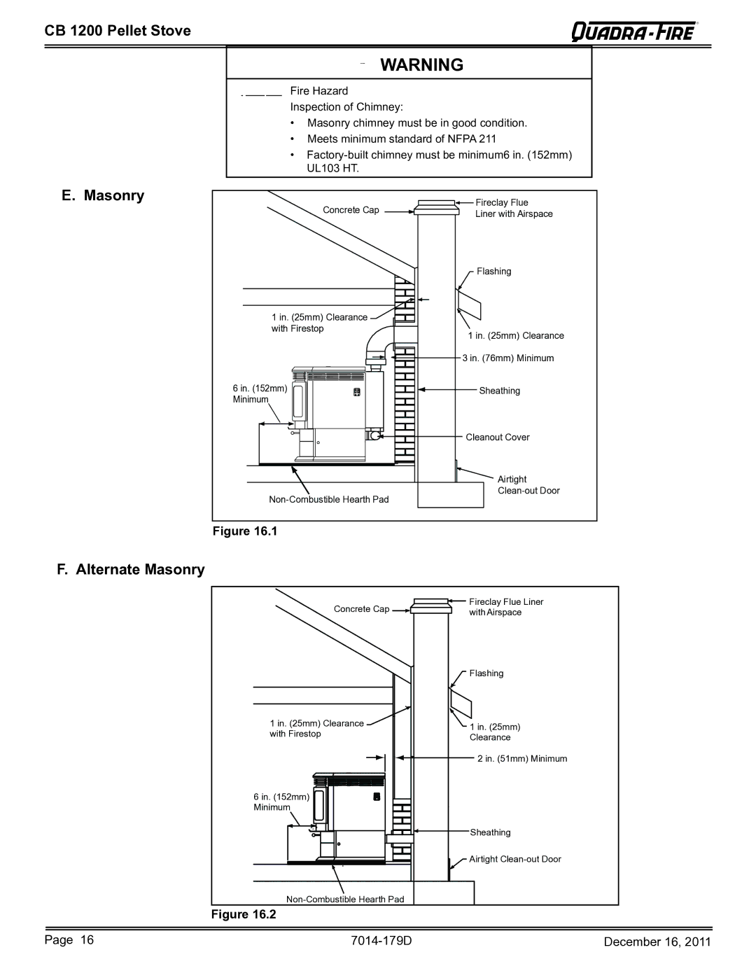 Quadra-Fire CB1200M-MBK owner manual CB 1200 Pellet Stove Masonry, Alternate Masonry 