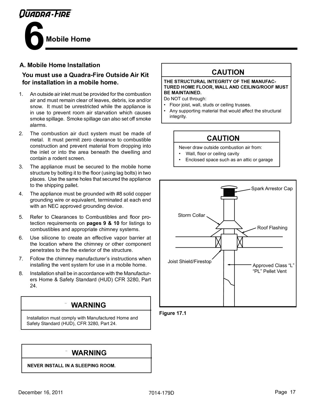 Quadra-Fire CB1200M-MBK owner manual Mobile Home, CB 1200 Pellet Stove 