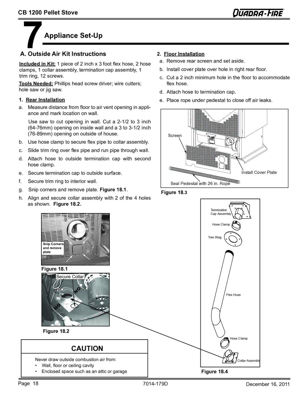 Quadra-Fire CB1200M-MBK owner manual Appliance Set-Up, Outside Air Kit Instructions, Floor Installation, Rear Installation 