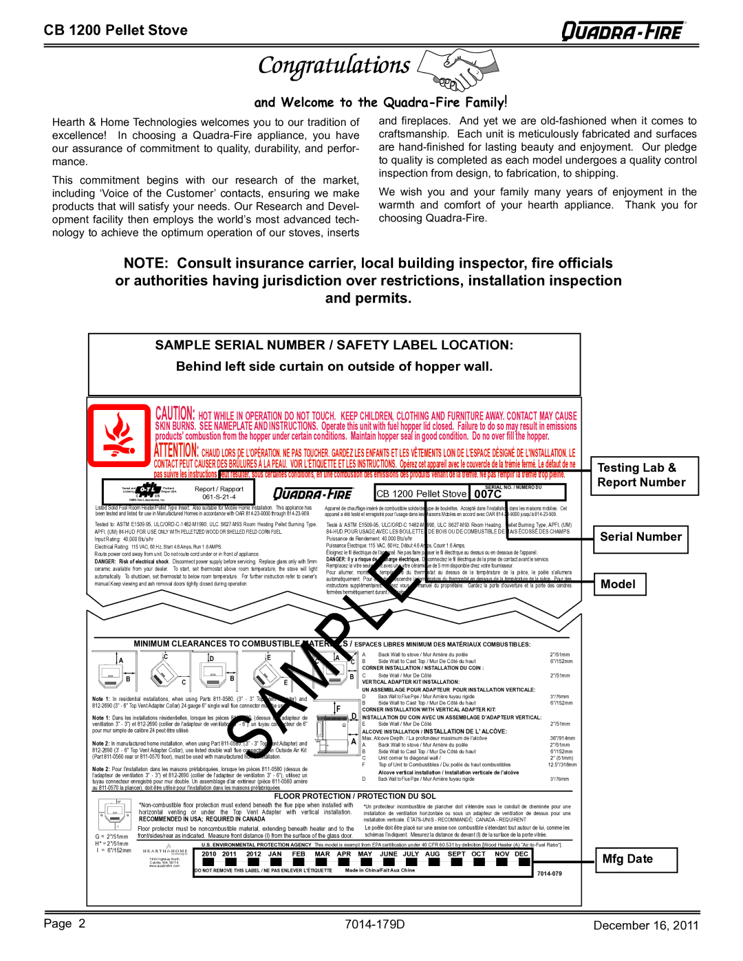 Quadra-Fire CB1200M-MBK owner manual CB 1200 Pellet Stove, 007C, Testing Lab & Report Number Serial Number Model Mfg Date 