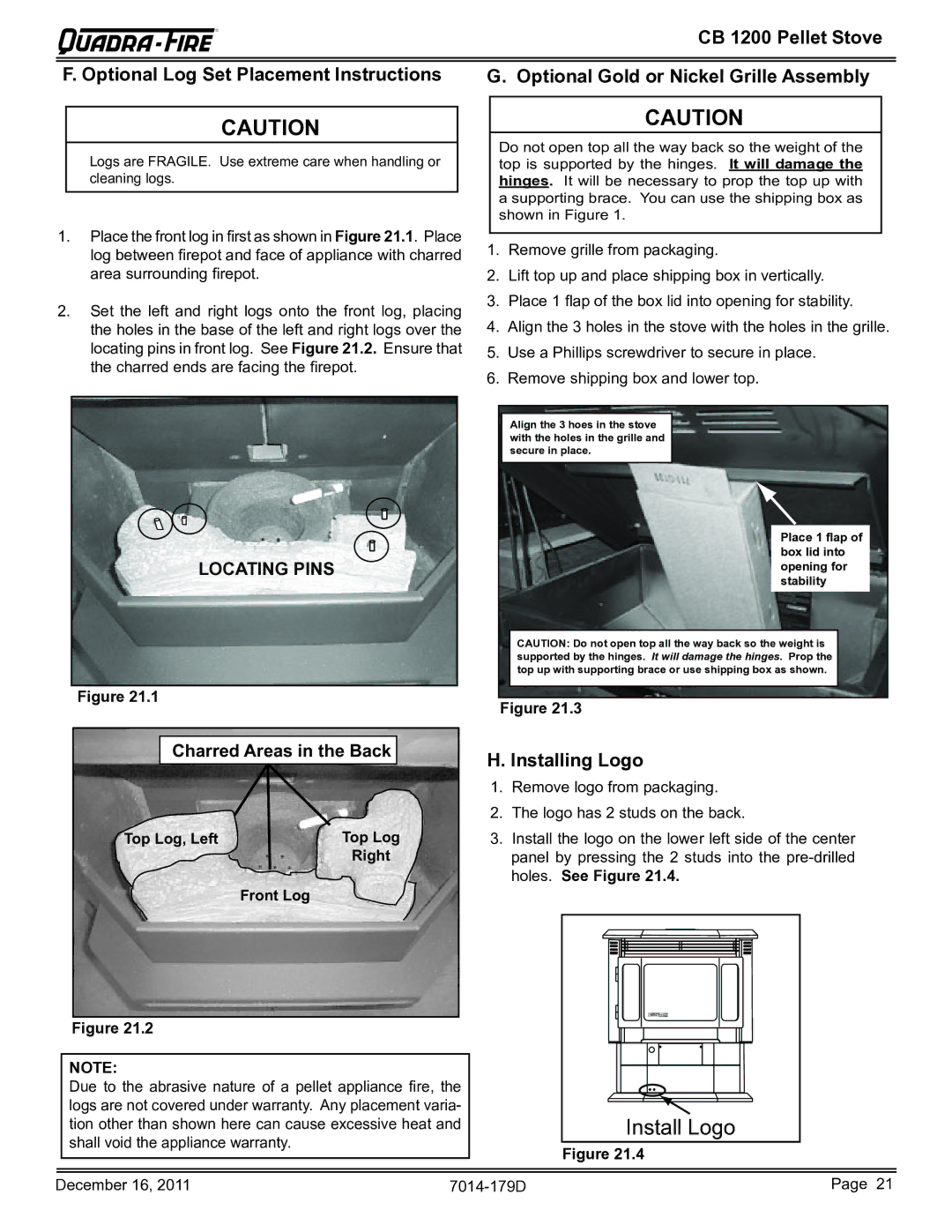 Quadra-Fire CB1200M-MBK owner manual Installing Logo, Top Log, Left, Right, Front Log Holes. See Figure 