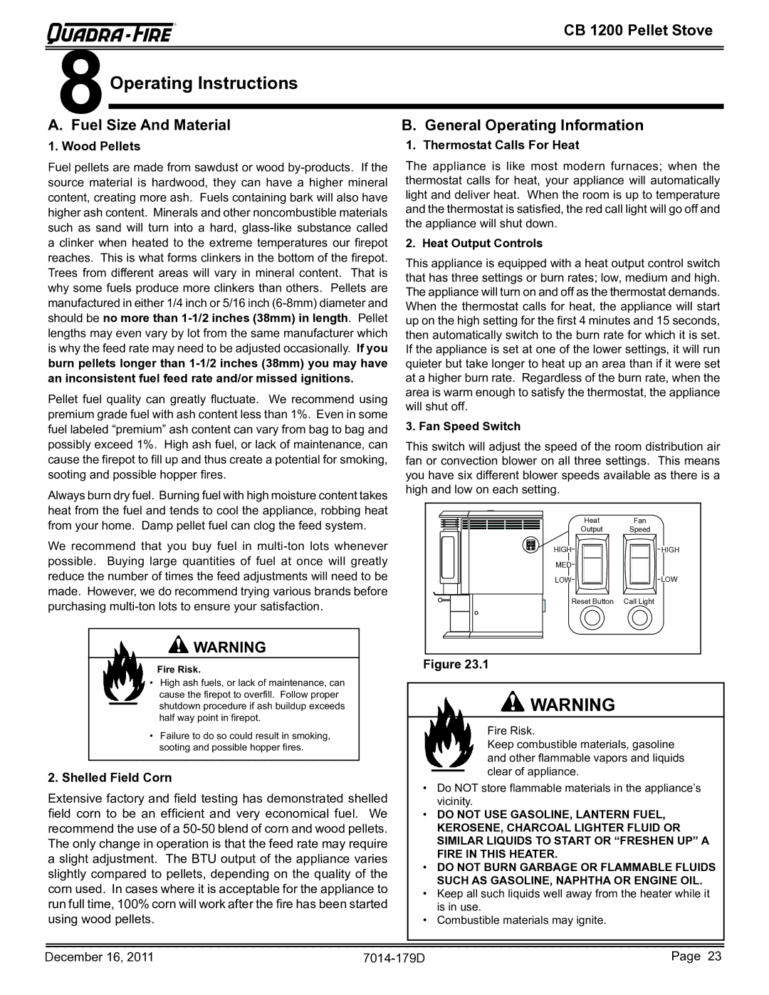 Quadra-Fire CB1200M-MBK owner manual Operating Instructions, Fuel Size And Material General Operating Information 