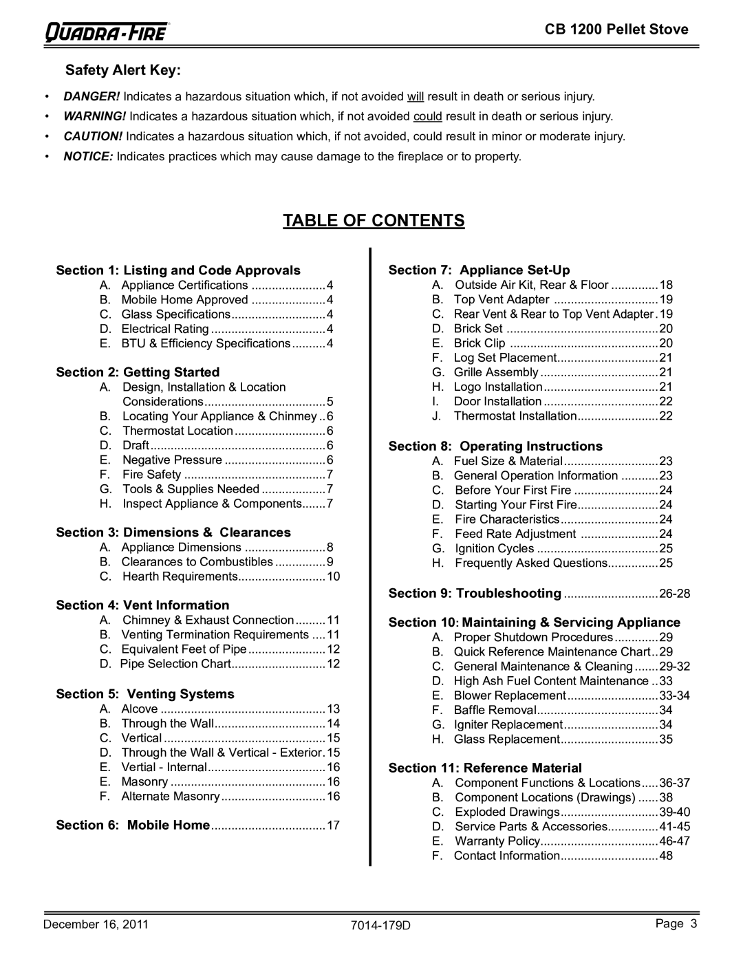 Quadra-Fire CB1200M-MBK owner manual Table of Contents 