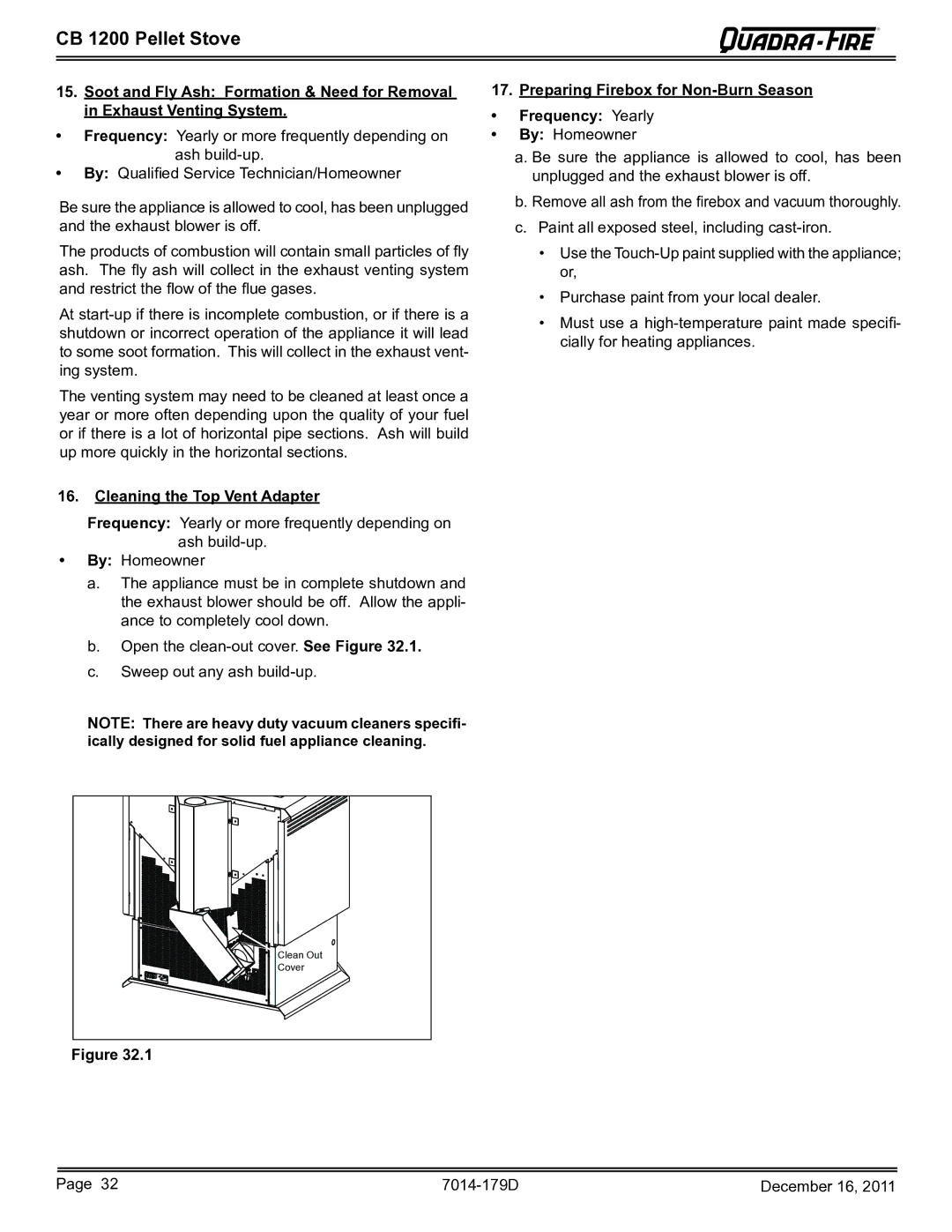 Quadra-Fire CB1200M-MBK owner manual Cleaning the Top Vent Adapter, Preparing Firebox for Non-Burn Season Frequency Yearly 