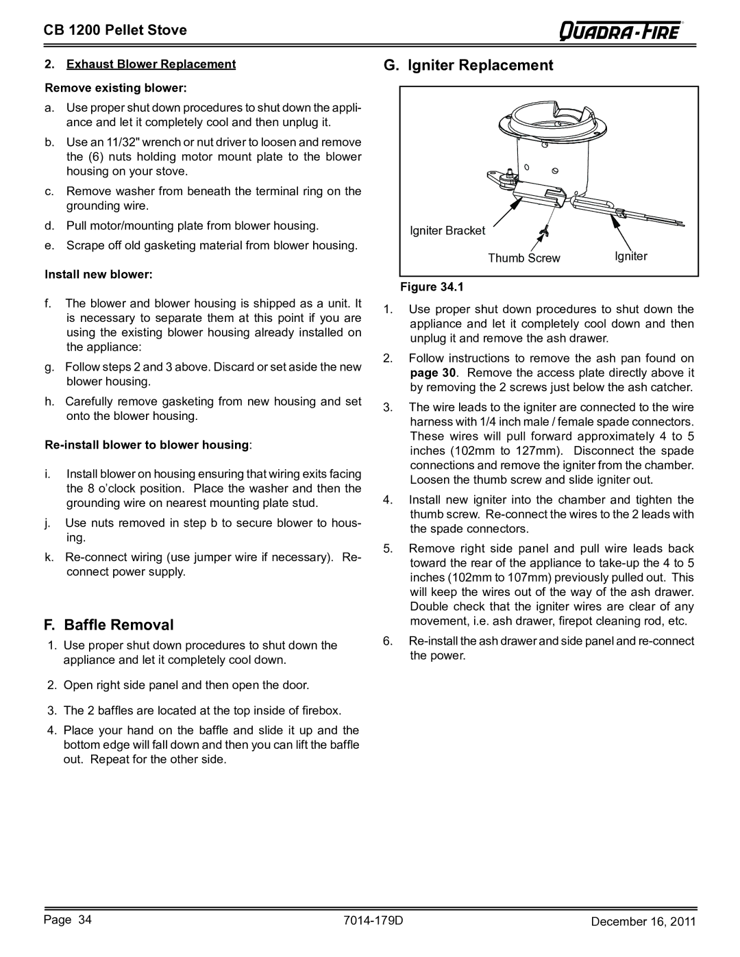 Quadra-Fire CB1200M-MBK owner manual Exhaust Blower Replacement Remove existing blower, Install new blower 