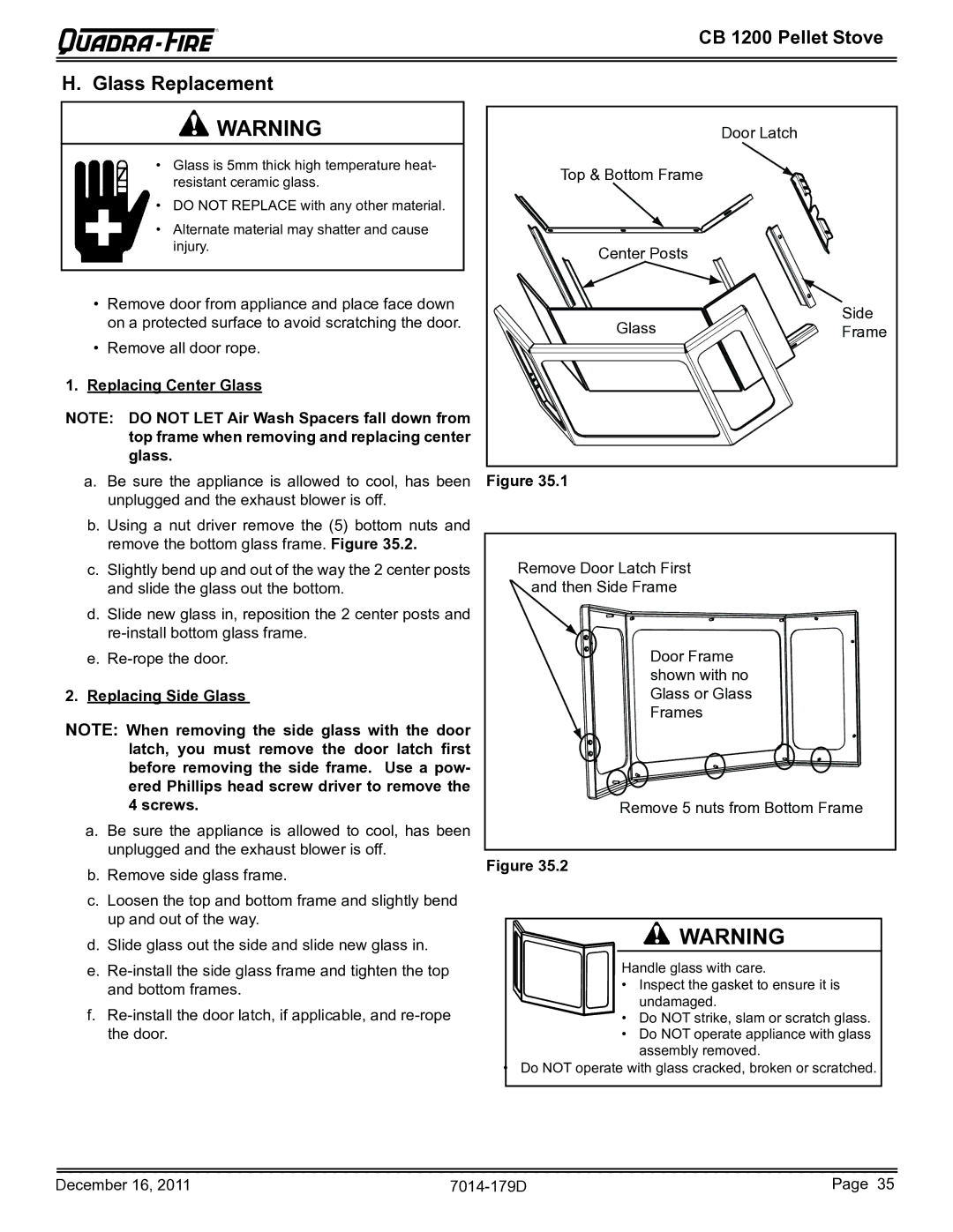 Quadra-Fire CB1200M-MBK owner manual Replacing Center Glass, Replacing Side Glass Screws 