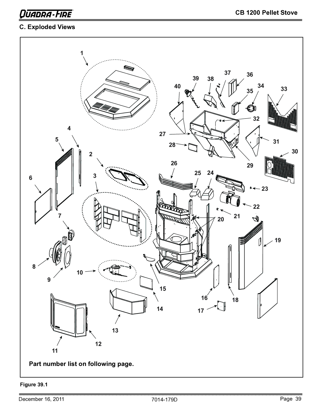 Quadra-Fire CB1200M-MBK owner manual CB 1200 Pellet Stove Exploded Views, Part number list on following 