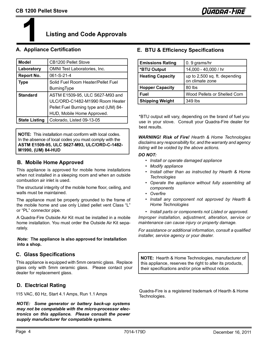 Quadra-Fire CB1200M-MBK owner manual Listing and Code Approvals 