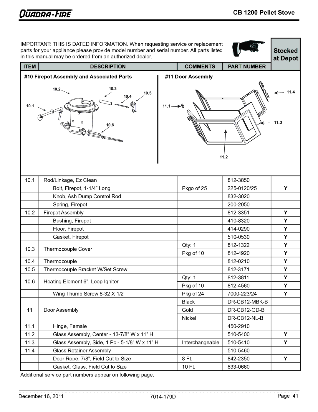 Quadra-Fire CB1200M-MBK owner manual Stocked at Depot, #10 Firepot Assembly and Associated Parts, #11 Door Assembly 