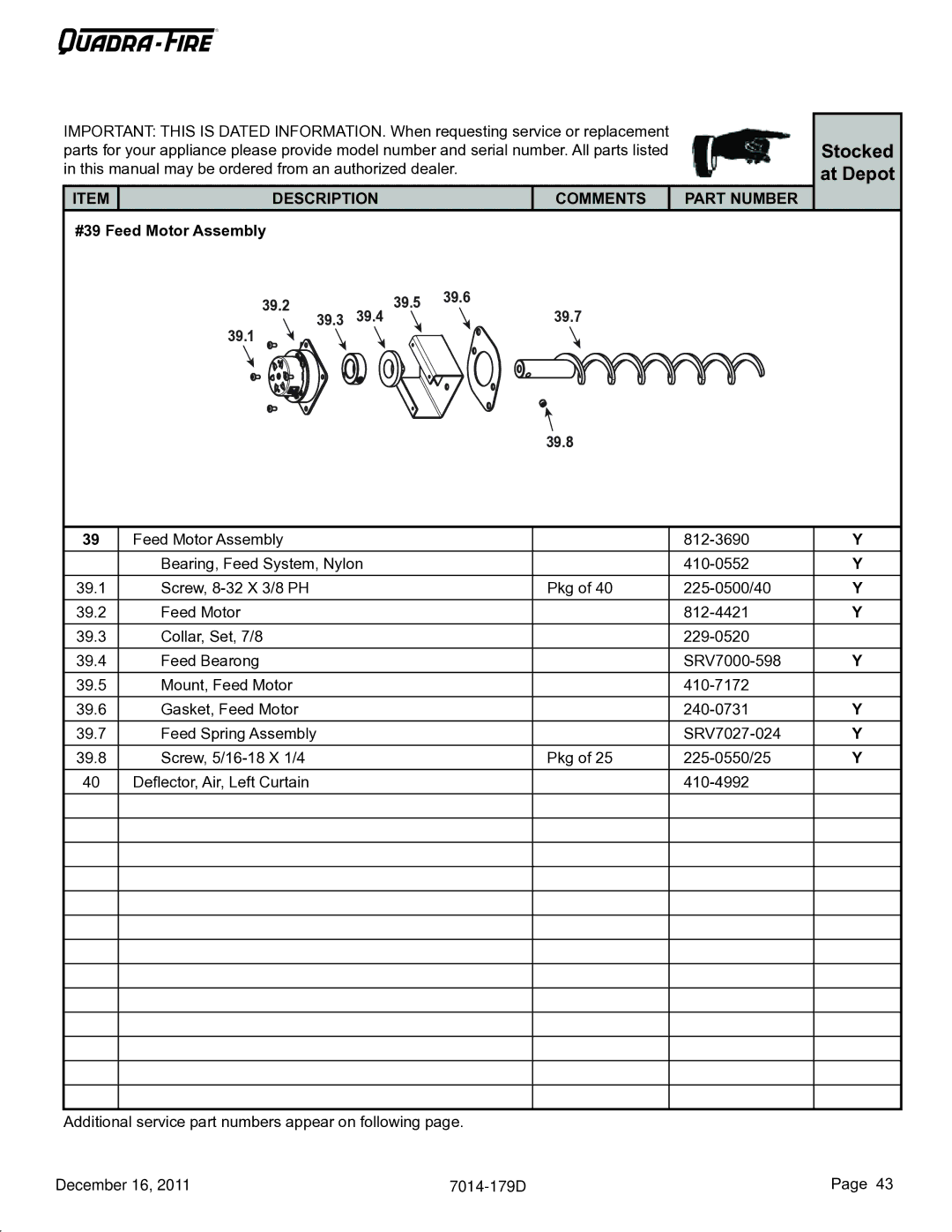 Quadra-Fire CB1200M-MBK owner manual #39 Feed Motor Assembly, 39.1 39.8 