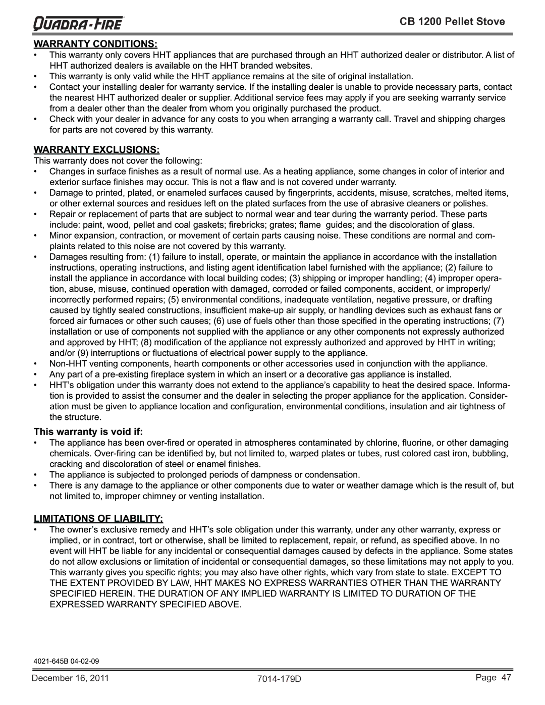 Quadra-Fire CB1200M-MBK owner manual December 16 7014-179D 