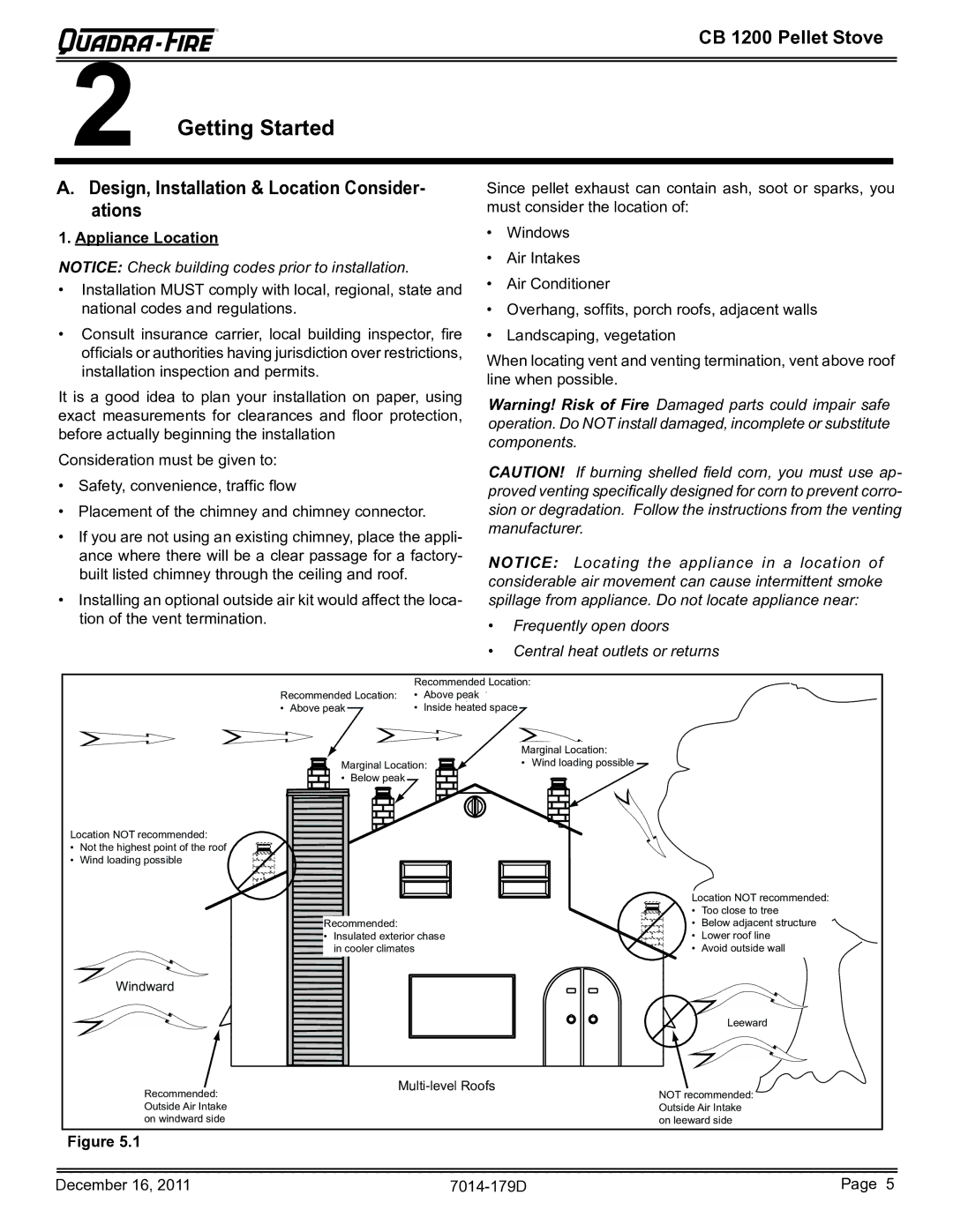 Quadra-Fire CB1200M-MBK owner manual Getting Started, Design, Installation & Location Consider- ations, Appliance Location 