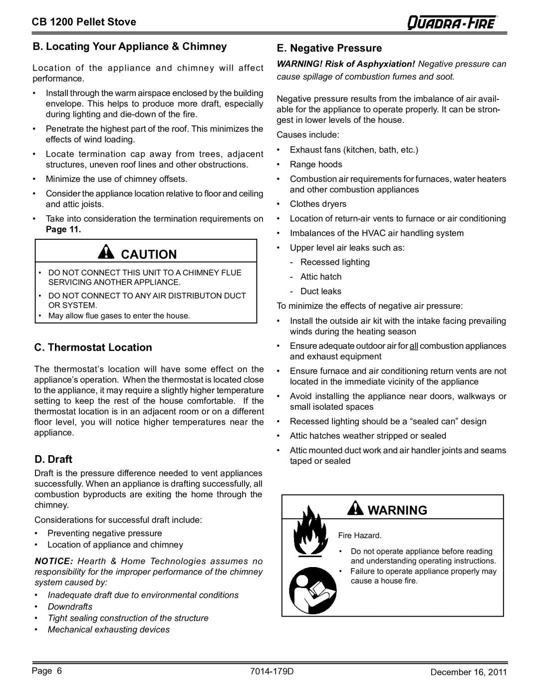 Quadra-Fire CB1200M-MBK CB 1200 Pellet Stove Locating Your Appliance & Chimney, Negative Pressure, Thermostat Location 