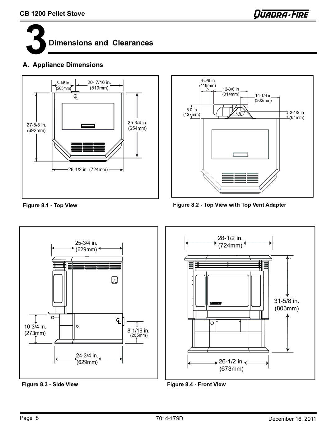 Quadra-Fire CB1200M-MBK owner manual 3Dimensions and Clearances, Appliance Dimensions 