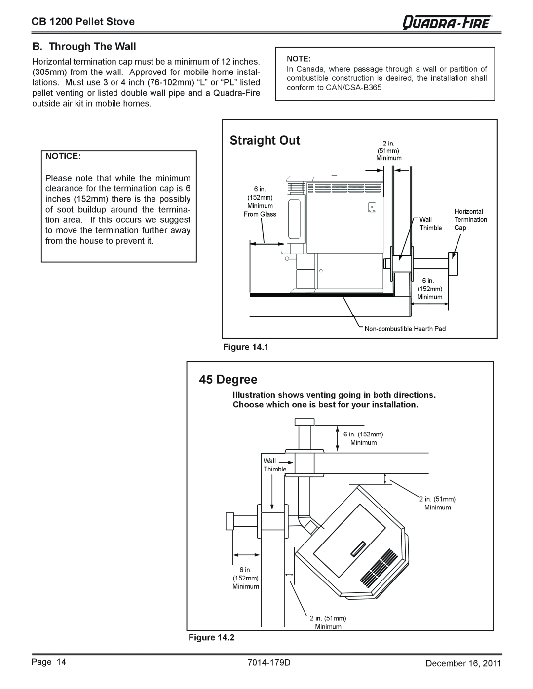 Quadra-Fire CB1200M-MBK owner manual Straight Out, Degree, B. Through The Wall, CB 1200 Pellet Stove 