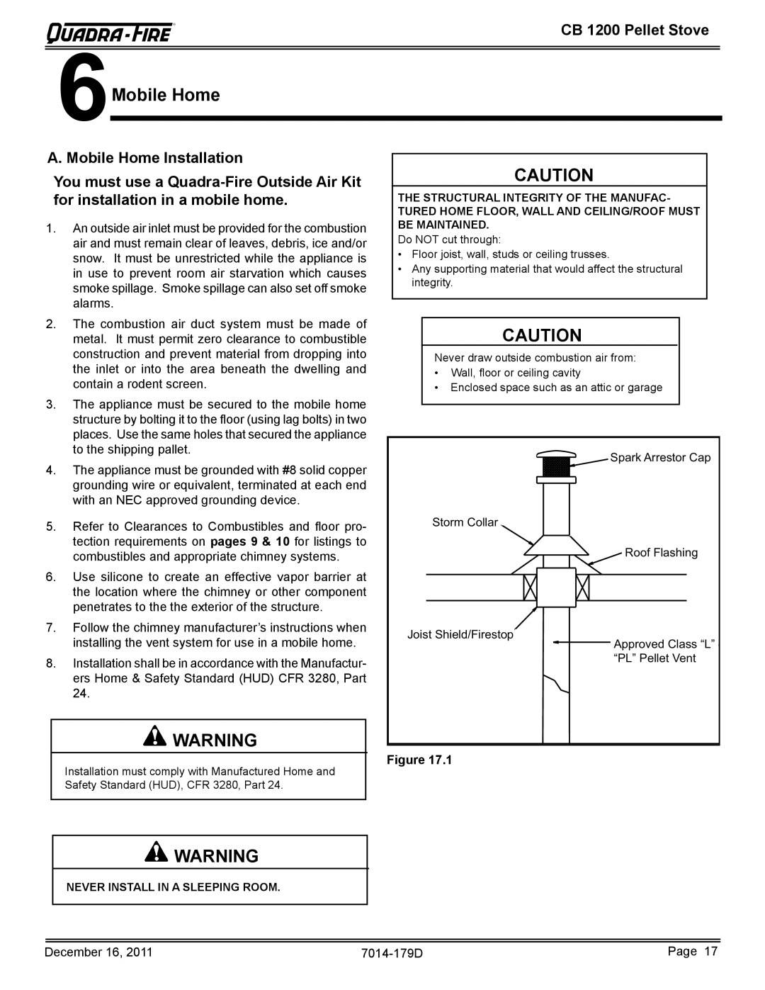 Quadra-Fire CB1200M-MBK owner manual A. Mobile Home Installation, CB 1200 Pellet Stove 