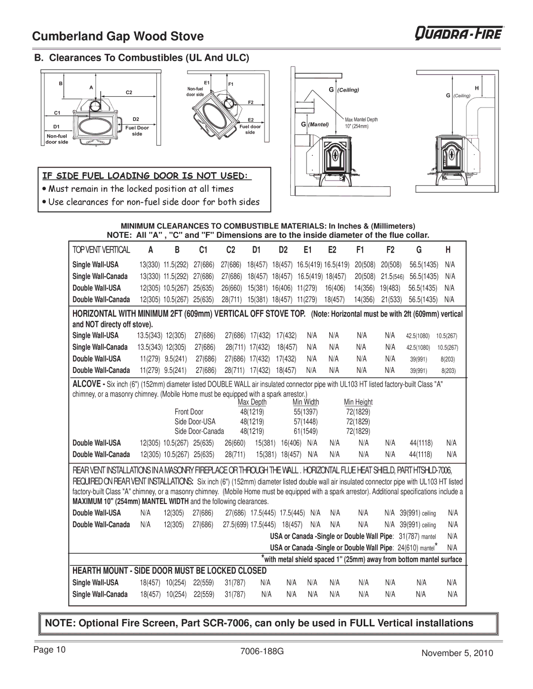 Quadra-Fire CUMPGAP-PMH, CUMBGAP-MBK warranty Clearances To Combustibles UL And ULC, Single Wall-USA, Double Wall-USA 