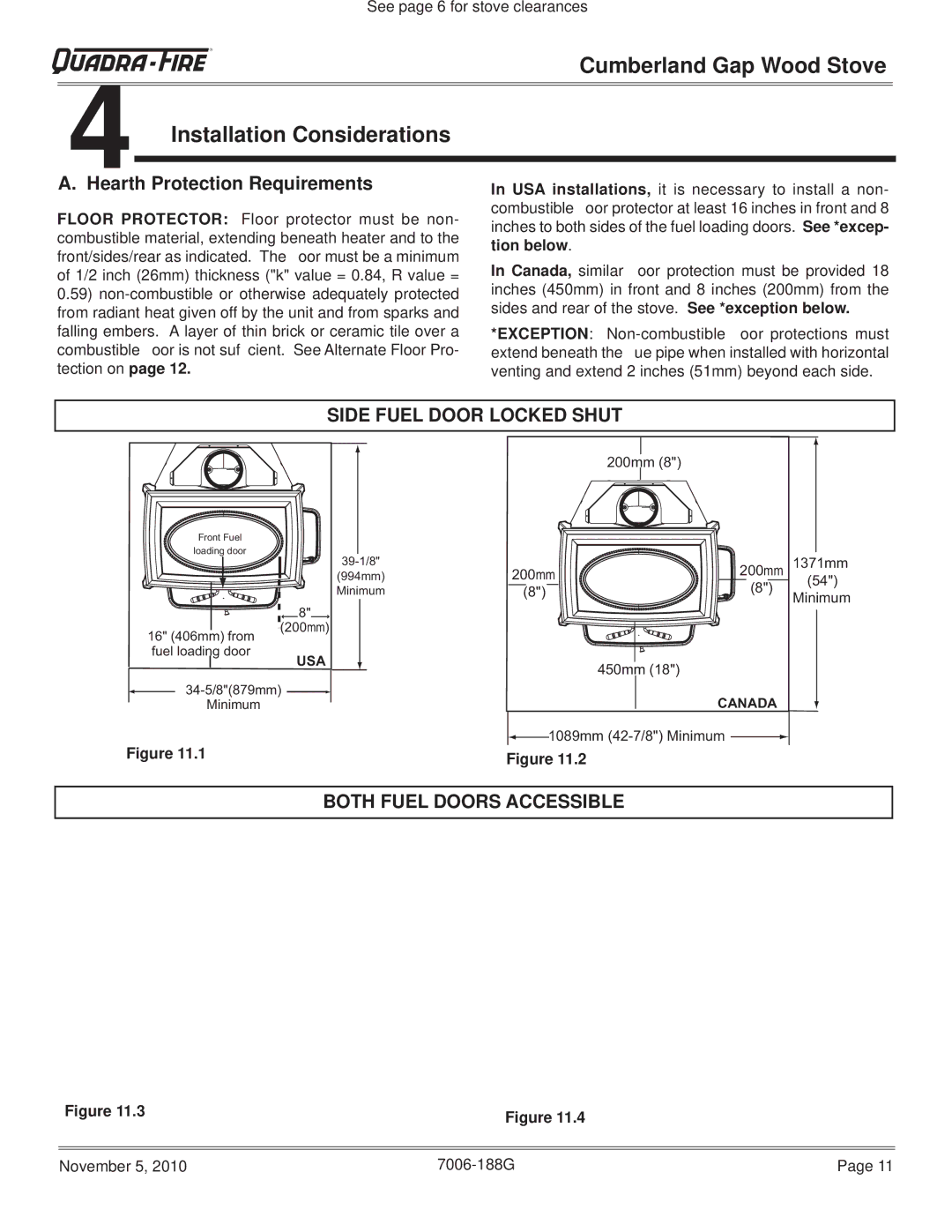 Quadra-Fire CUMBGAP-MBK, CUMPGAP-PMH warranty Installation Considerations, Hearth Protection Requirements 