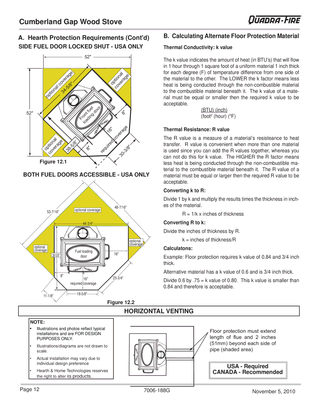 Quadra-Fire CUMPGAP-PMH, CUMBGAP-MBK Calculating Alternate Floor Protection Material, USA Required Canada Recommended 