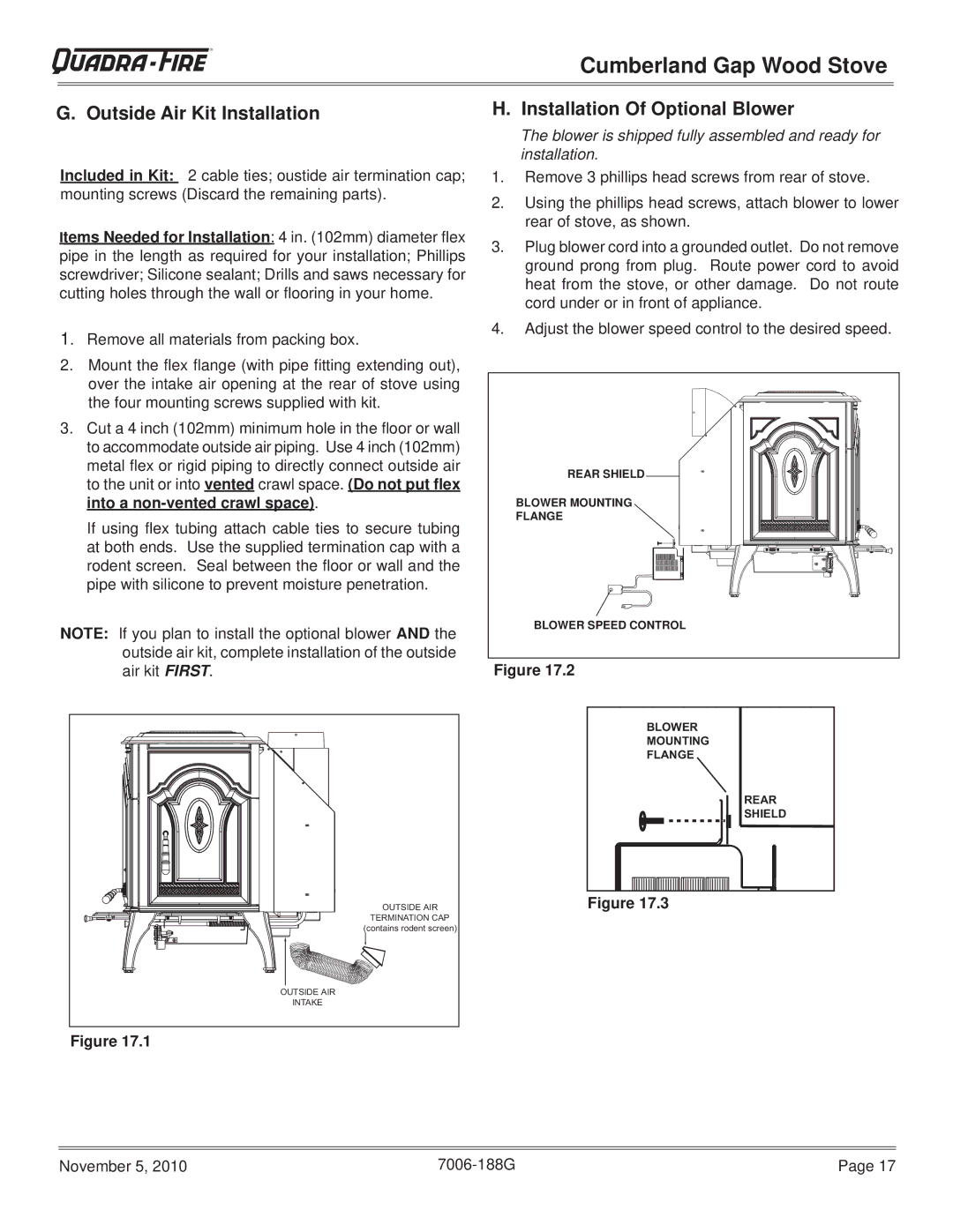 Quadra-Fire CUMBGAP-MBK, CUMPGAP-PMH warranty Outside Air Kit Installation Installation Of Optional Blower 