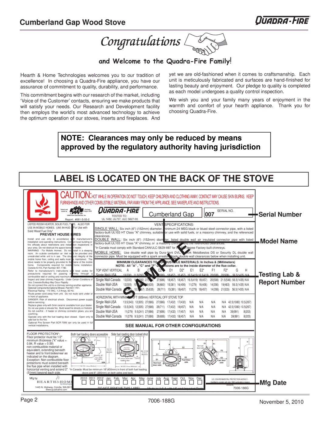 Quadra-Fire CUMPGAP-PMH, CUMBGAP-MBK warranty Cumberland Gap Wood Stove, Serial Number, Model Name, Testing Lab, Mfg Date 