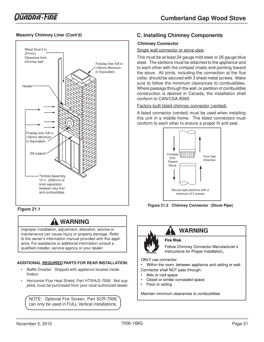 Quadra-Fire CUMBGAP-MBK, CUMPGAP-PMH warranty Installing Chimney Components, Masonry Chimney Liner Contd 