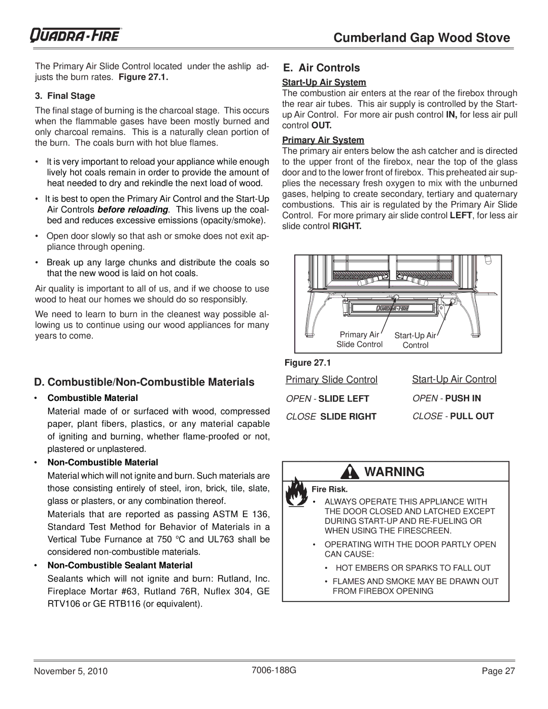 Quadra-Fire CUMBGAP-MBK, CUMPGAP-PMH Air Controls, Combustible/Non-Combustible Materials, Final Stage, Start-Up Air System 