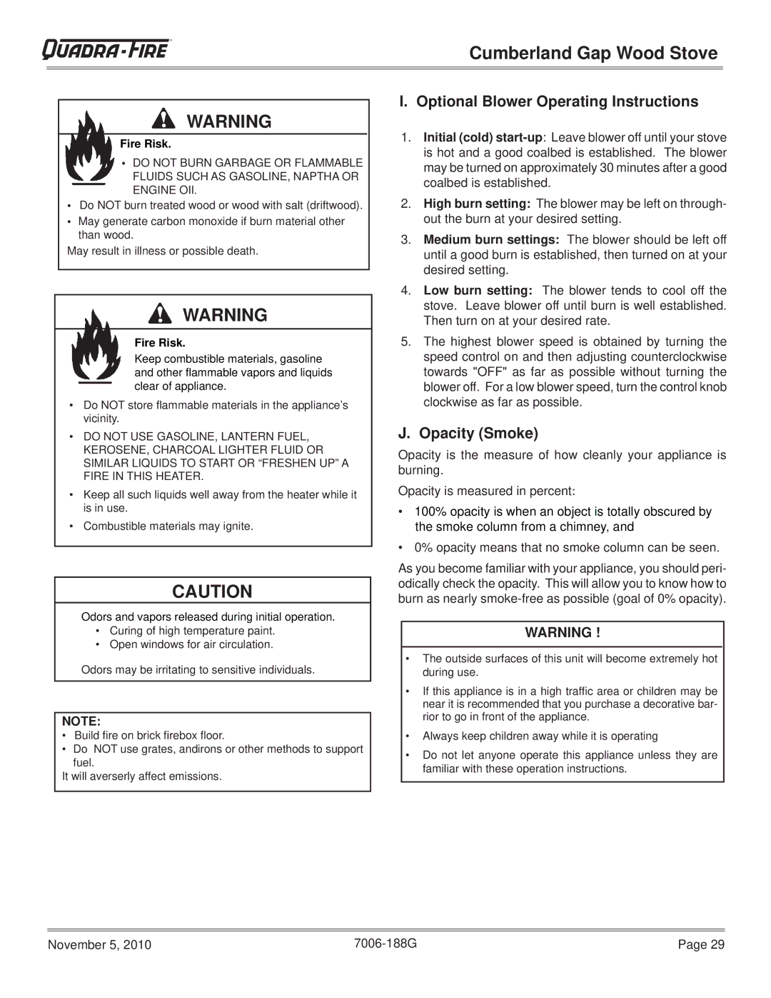 Quadra-Fire CUMBGAP-MBK, CUMPGAP-PMH warranty Optional Blower Operating Instructions, Opacity Smoke 