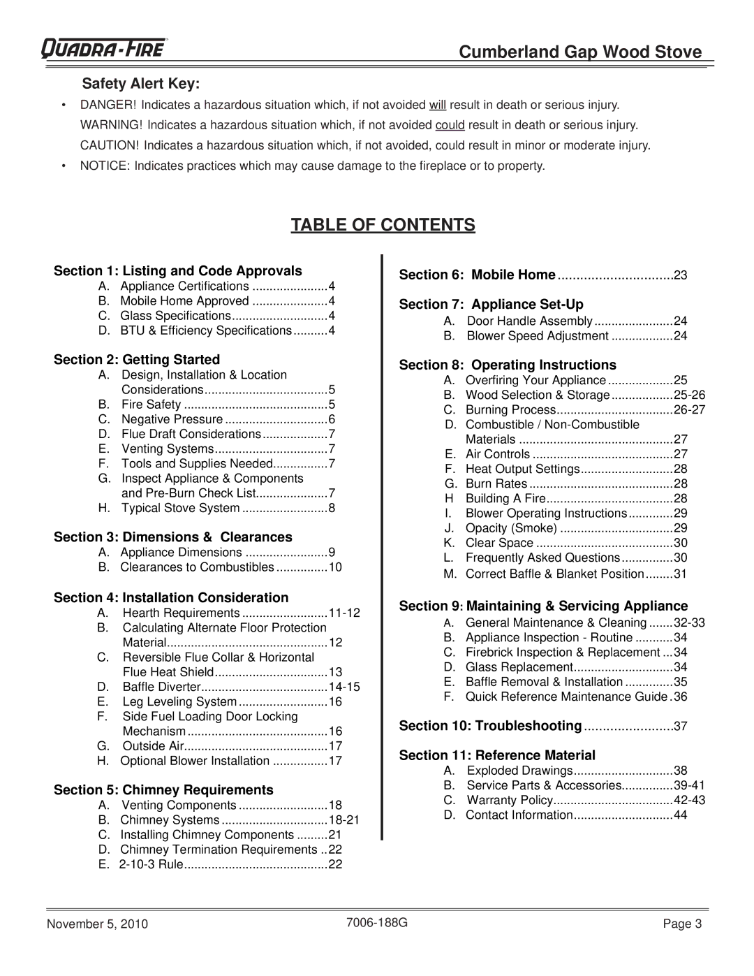 Quadra-Fire CUMBGAP-MBK, CUMPGAP-PMH warranty Table of Contents 