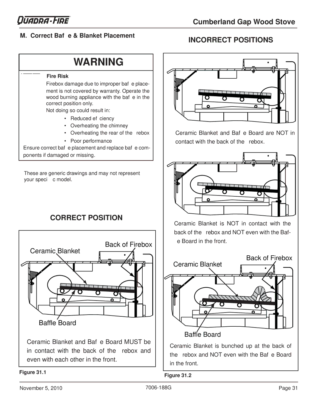 Quadra-Fire CUMBGAP-MBK, CUMPGAP-PMH warranty Incorrect Positions, Correct Bafﬂe & Blanket Placement 