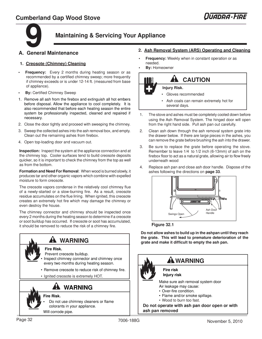 Quadra-Fire CUMPGAP-PMH General Maintenance, Creosote Chimney Cleaning, Ash Removal System ARS Operating and Cleaning 