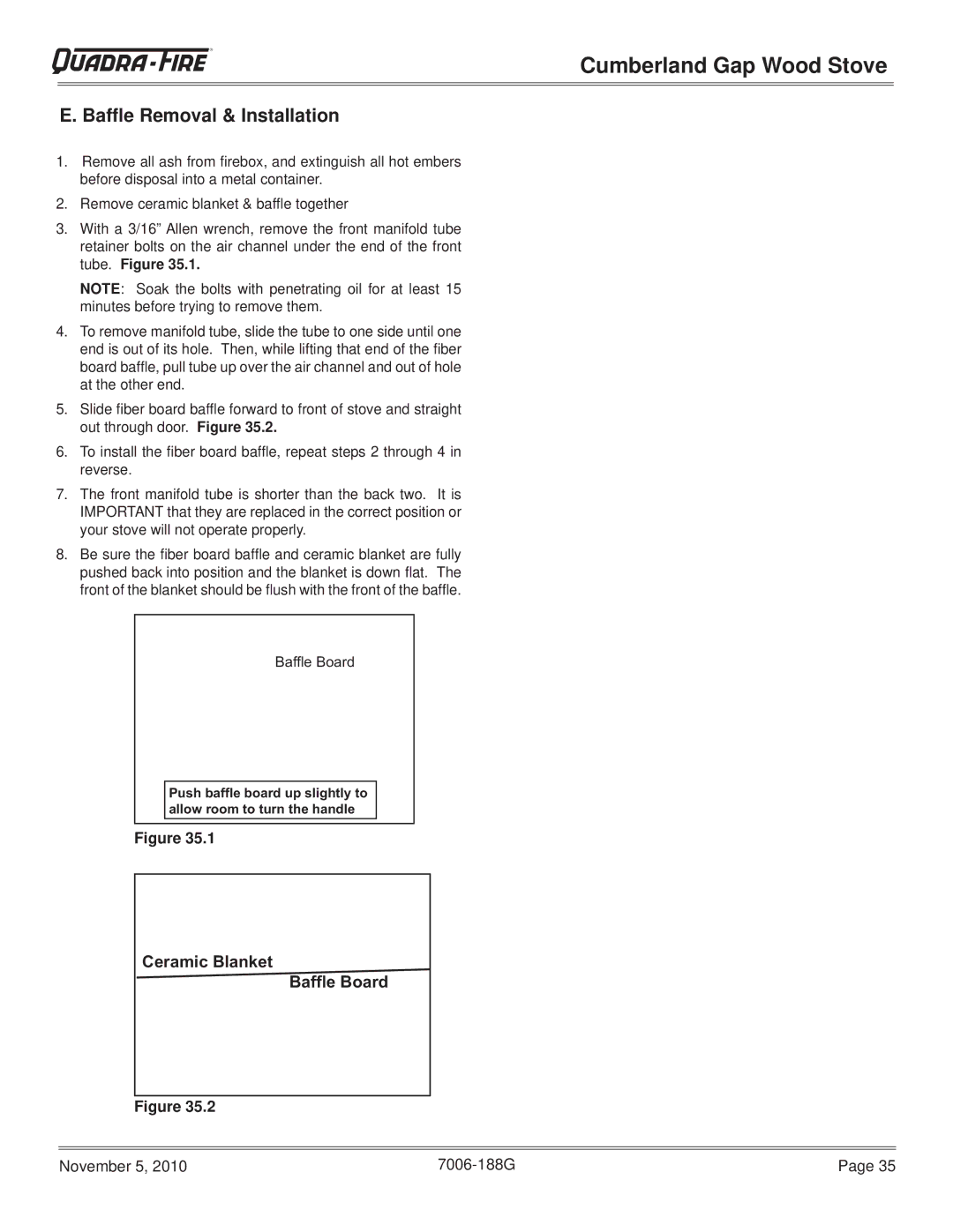 Quadra-Fire CUMBGAP-MBK, CUMPGAP-PMH warranty Bafﬂe Removal & Installation 
